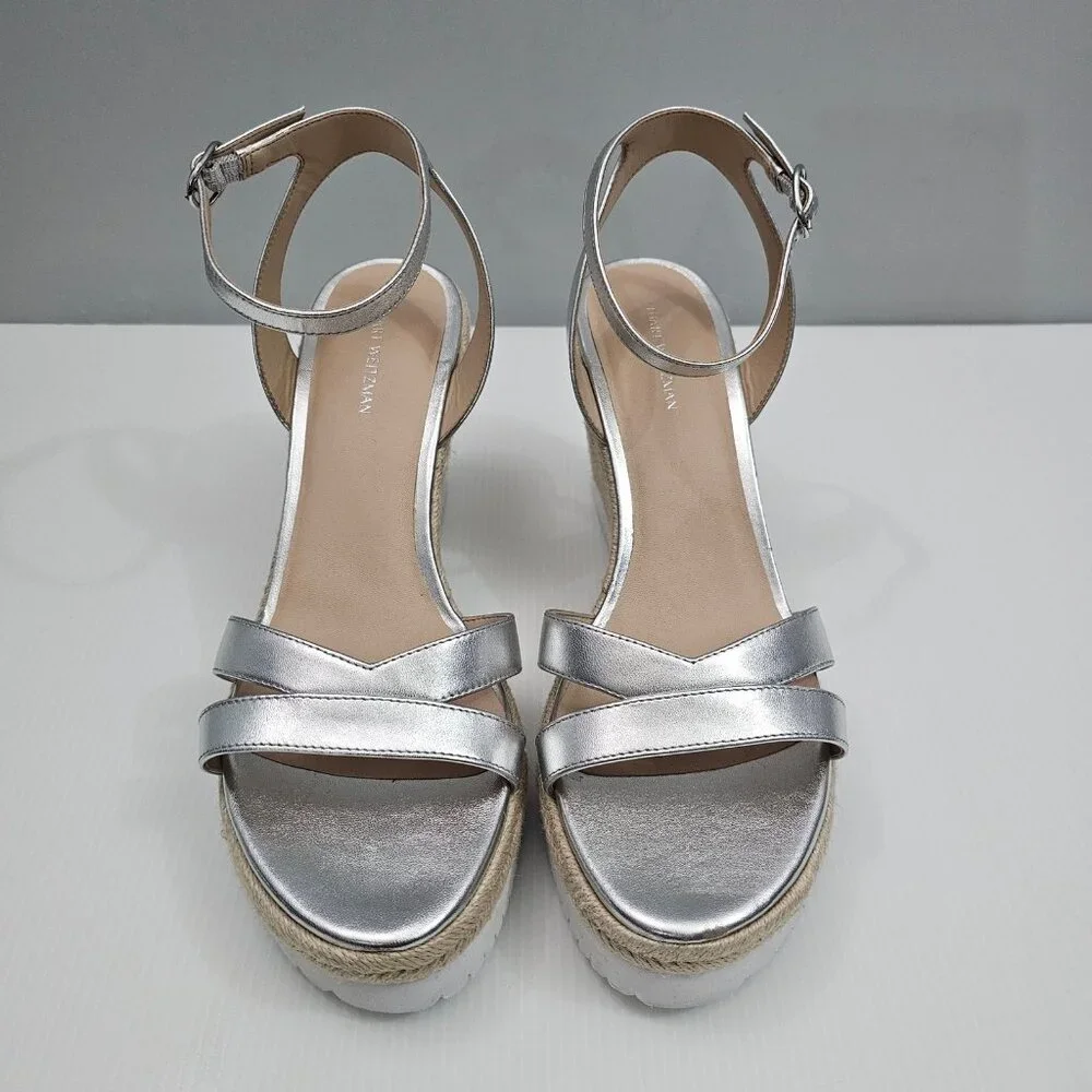 Stuart Weitzman Catalina Espadrille Wedge Sandal Size 10 Silver Leather Platform - Picture 4 of 16